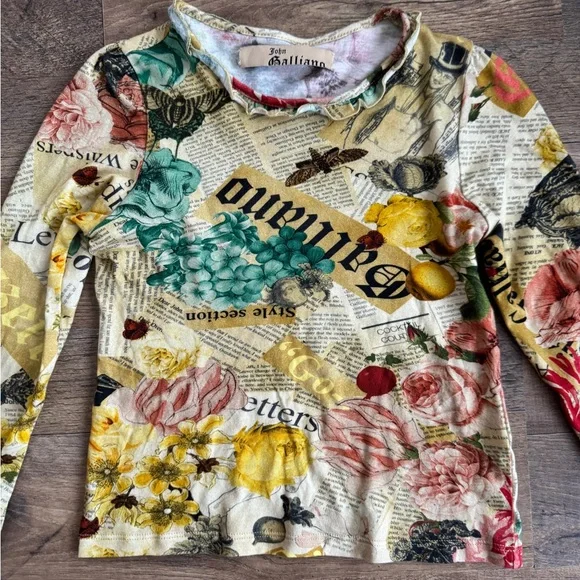 Vintage John Galliano Multicolor Newspaper Floral Print Top - Picture 3 of 5